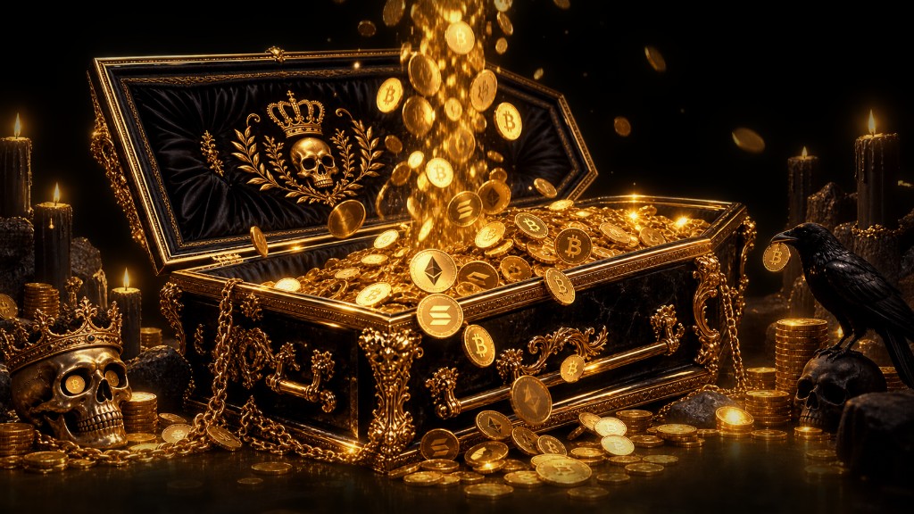 Open black casket overflowing with gold — the box still sealed